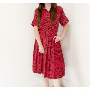 Vintage 70s Leslie Fay Red Pleated Fit & Flare Short Sleeve Dress, 12